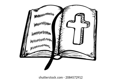Open Holy Bible with crucifix. Scripture. Religion, church, Bible study concept. Vector Illustration in doodle style.