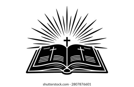 Open holy bible vector illustration with christian cross and divine sunburst rays, religious black and white silhouette icon for church.