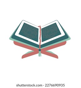 Open Holy book of Koran with rosary on board stand. Isolated vector illustration for your design