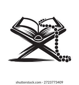 Um livro sagrado aberto com contas de oração descansando em cima preto e branco