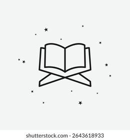 Alcorão Sagrado Aberto em um Stand com Estrelas Dispersas, Representando a Escritura Islâmica ou Estudo, Ícone de Contorno Branco