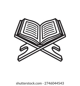 Open Holy Quran placed on wooden rehal stand detailed line icon