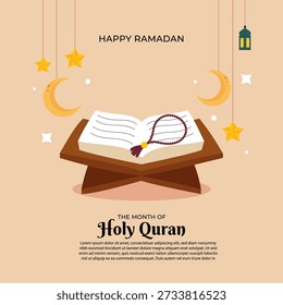 Abra o Alcorão Sagrado com contas de oração em um suporte de madeira, cercado por decorações festivas do Ramadã, como luas crescentes, estrelas e uma lanterna. Esta ilustração celebra o mês sagrado.