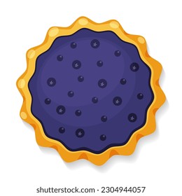 Open homemade blueberry pie with blueberries. Top view. Delicious whole cake. Cooking, recipes, thanksgiving day concept. For web, poster, menu, banner template. Vector isolated on white background