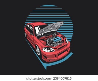 open hood 90s car showing engine image vector along with striped round background design