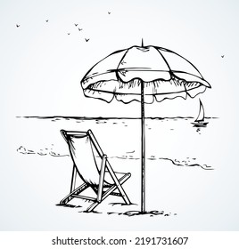 Open hotel cover shelter stand on sky space for text. Line black ink hand drawn tropic trip seashore hot camp tan comfort lie seat sign. Sit tent object icon sketch in art retro doodle cartoon style