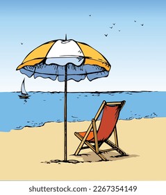 Open hotel cover shelter stand on sky space for text. Bright color hand drawn tropic trip seashore hot camp tan comfort lie sit seat sign tent object icon logo sketch in art retro doodle cartoon style