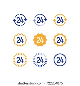 Open hours symbol, 24 hour work, customer service time, twenty four number, vector line icons