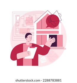 Ilustración vectorial de concepto abstracto de casa abierta. Abierto para inspección inmobiliaria, casa a la venta, servicio inmobiliario, comprador potencial, paso a paso, puesta en escena de la casa, plan de piso metáfora abstracta.