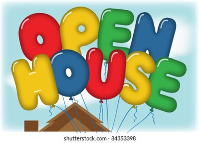 Open House Balloons in Blue Sky over a House Rooftop Postcard