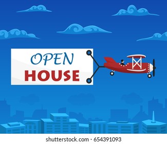 Open House banner is attached to the airplane. Vector illustration