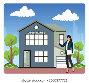 Open house concept. Real Estate open house, featuring a professional agent next to a modern house surrounded by a lush environment. Flat vector modern illustration 