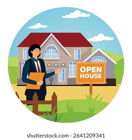 Open house concept. Real Estate Agent stands beside an open house sign in front of a modern home. Bright environment and professional attire signify a successful real estate business.