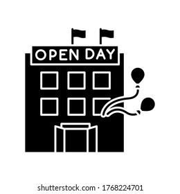 Open house day black glyph icon. Special event in company. Invite to organization. Welcome guest to corporate presentation. Silhouette symbol on white space. Vector isolated illustration
