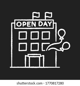 Open house day chalk white icon on black background. Special event in company. Invite to organization. Welcome guest to corporate presentation. Isolated vector chalkboard illustration