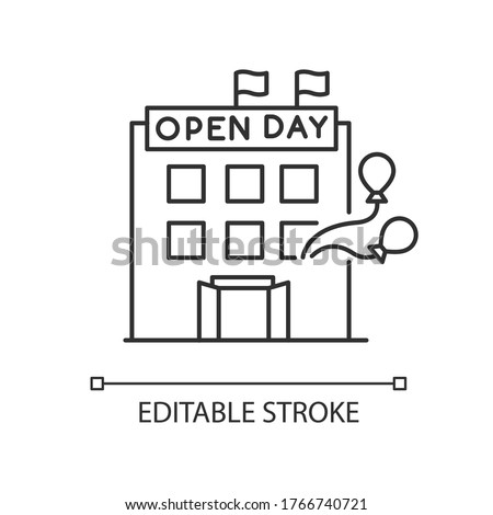 Open house day pixel perfect linear icon. Special event in company. Invite to organization. Thin line customizable illustration. Contour symbol. Vector isolated outline drawing. Editable stroke