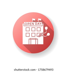 Open house day red flat design long shadow glyph icon. Special event in company. Invite to organization. Welcome guest to corporate presentation. Public relation. Silhouette RGB color illustration