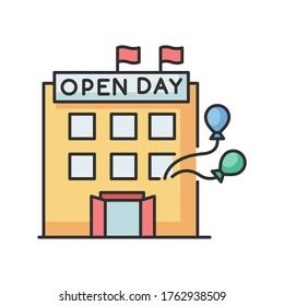 Open house day RGB color icon. Special event in company. Invite to organization. Welcome guest to corporate presentation. Open door in facility. Public relation campaign. Isolated vector illustration