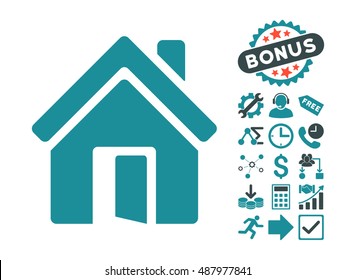 Open House Door Icon With Bonus Clip Art. Vector Illustration Style Is Flat Iconic Bicolor Symbols, Soft Blue Colors, White Background.