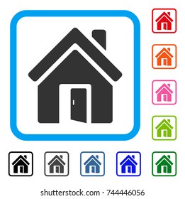 Open House Door icon. Flat gray pictogram symbol inside a blue rounded frame. Black, gray, green, blue, red, orange color additional versions of Open House Door vector.