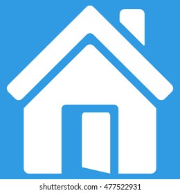 Open House Door icon. Vector style is flat iconic symbol, white color, blue background.