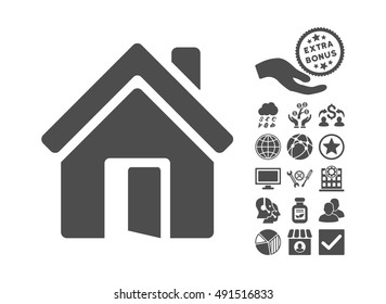 Open House Door pictograph with bonus pictures. Vector illustration style is flat iconic symbols, gray color, white background.