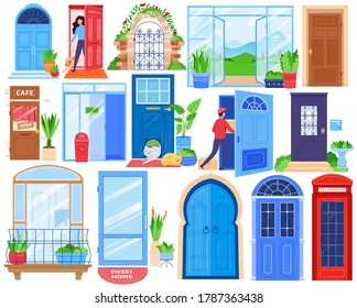 Open house doors, front architecture vector illustration set. Cartoon flat indoor outdoor architectural view collection of doorway entrance gate, opened closed door to home apartment isolated on white