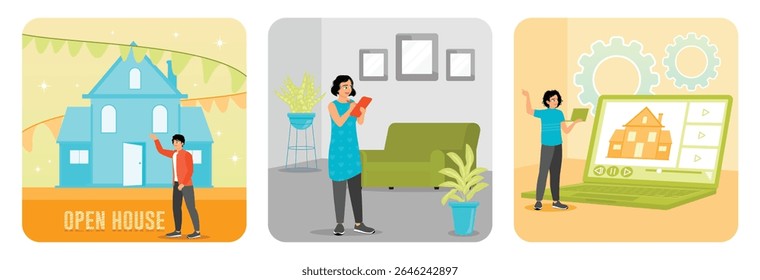 An open house event with a welcoming individual. A woman stands using a tablet arranging the layout of a room. A  video tour showing a house and its furnishings. Home for sale concept.
