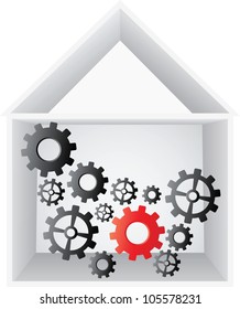 casa abierta con engranajes dentro