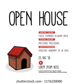 Open House Invitation with Date Time Details and Simple House Vector Illustration 