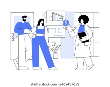 Open house isolated cartoon vector illustrations. Realtor showing a house to customers, property for sale, family choosing a new home, real estate agent job, buying agent vector cartoon.