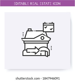 Icono de la línea de la casa abierta. Abierto para su visualización por visitantes y posibles compradores. Día abierto. Agencia inmobiliaria, concepto de negocio de la vivienda. Arrendar a casa. Ilustración vectorial aislada. Trazo editable 