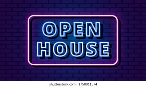 Open house neon sign, design element, light banner, announcement neon signboard