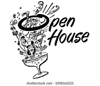 Open House Party Banner - Retro Clip Art Illustration