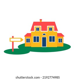 Open House. Ready to sell house, real estate trade, realtor. Yellow beautiful house for sale, sign says so.  Vector flat illustration, cartoon style.