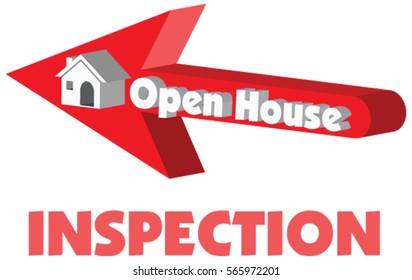 Open House in red arrow pointing to a 3D vector house with the concept of sale or rent or inspection in vector illustration isolated in white background.