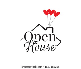 Open house, vector. Wording design is shape of a house, lettering. Beautiful family quotes. Wall art, artwork, wall decals isolated on white background, poster design