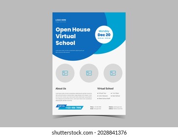 Open House Virtual School Flyer Template Design. Study From Home Virtual Class Flyer Design. Online School Study Poster Leaflet Template