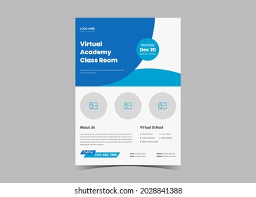 Open house virtual school flyer template design. Study from home virtual class flyer design. Online school study poster leaflet template