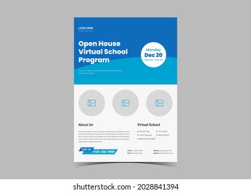 Open House Virtual School Flyer Template Design. Study From Home Virtual Class Flyer Design. Online School Study Poster Leaflet Template