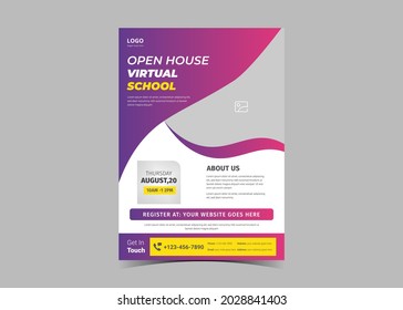 Open House Virtual School Flyer Template Design. Study From Home Virtual Class Flyer Design. Online School Study Poster Leaflet Template