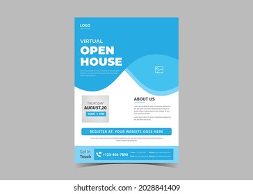 Open house virtual school flyer template design. Study from home virtual class flyer design. Online school study poster leaflet template