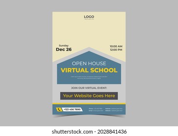 Open House Virtual School Flyer Template Design. Study From Home Virtual Class Flyer Design. Online School Study Poster Leaflet Template