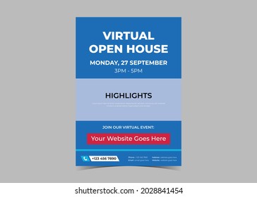 Open House Virtual School Flyer Template Design. Study From Home Virtual Class Flyer Design. Online School Study Poster Leaflet Template