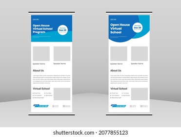 Open House Virtual School Roll Up Banner Design, Open House Virtual School Poster Roll Up Leaflet Template. Online School Study Poster DL Flyer