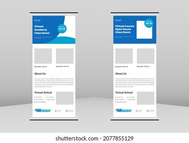 Open House Virtual School Roll Up Banner Design, Open House Virtual School Poster Roll Up Leaflet Template. Online School Study Poster DL Flyer