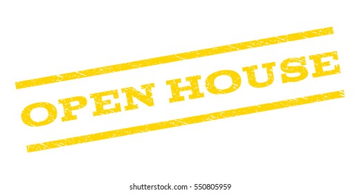 Open House watermark stamp. Text caption between parallel lines with grunge design style. Rubber seal stamp with dust texture. Vector yellow color ink imprint on a white background.