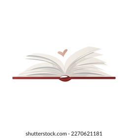 Abre un libro enorme con corazón. Fantasía, imaginación, libro de educación. Librería, librería, biblioteca, amante de los libros, bibliofilia, educación. Libro de texto para la lectura. Ilustración vectorial para afiches, banner, sitio web