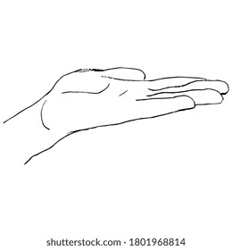 Offene menschliche Hand in flachen Haltungsgesten. Handgezeichnete lineare Doodle-Tintenskizze. Schwarze Silhouette auf weißem Hintergrund.