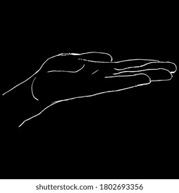 Open human hand in flat holding gesture. Hand drawn linear doodle sketch. White silhouette on black background.